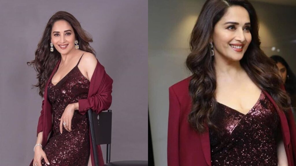 madhuri dixit looks gorgeous in her v neckline maroon sequined dress see pics 1567757472