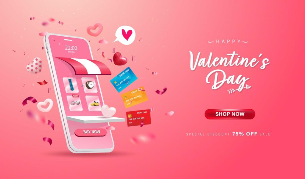 happy valentine s day online shopping store on website and mobile phone vector